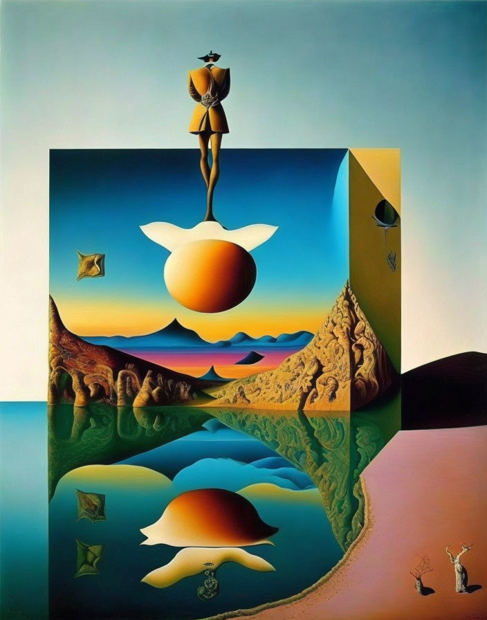 Surreal landscape with geometrical shapes and figure reflection in water