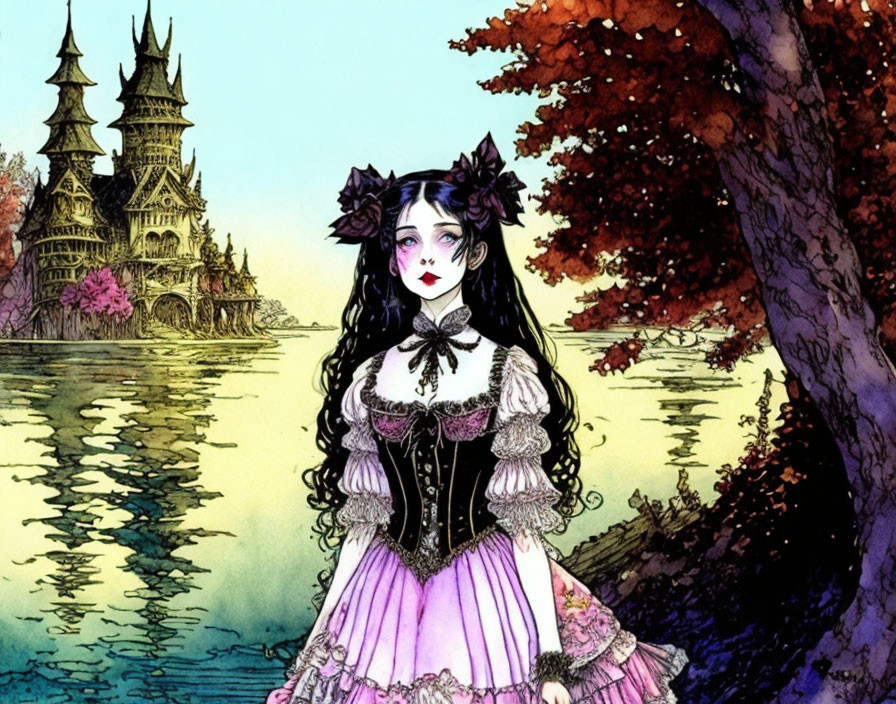 Illustration of girl in purple gothic lolita dress with fantasy castle in autumnal background