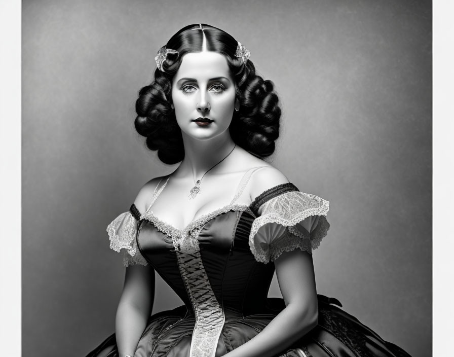 Monochrome portrait of woman in vintage attire with lace corset dress