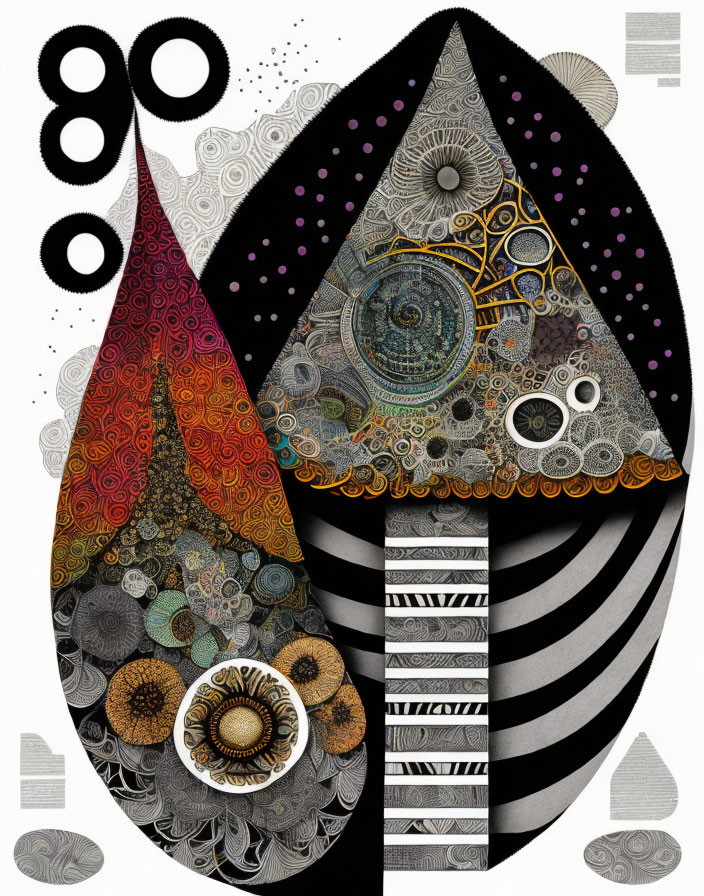 Geometrical abstract art with circles, stripes, swirls, and tear-drop shape