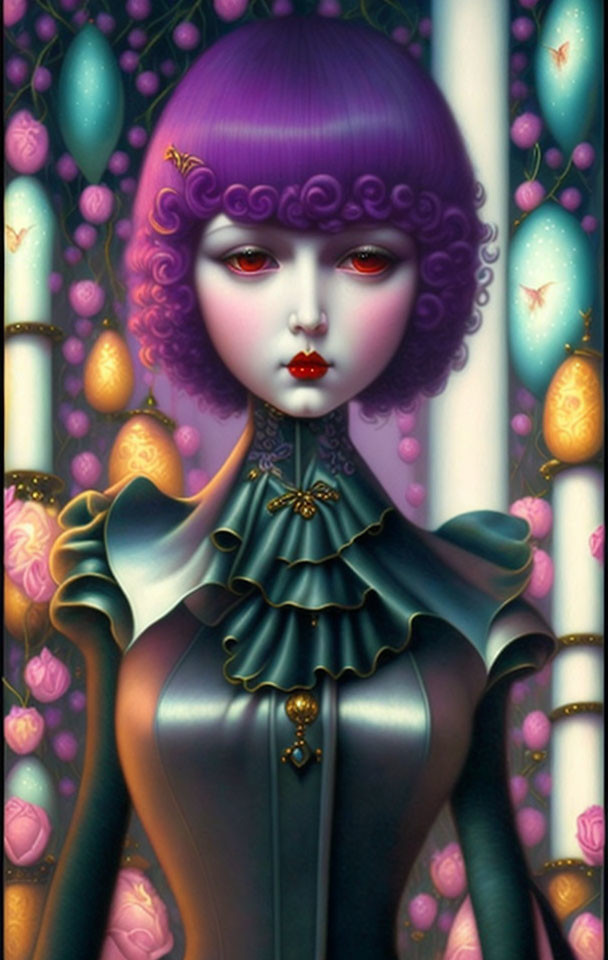 Illustrated character with purple hair in Victorian teal dress against teardrop backdrop.