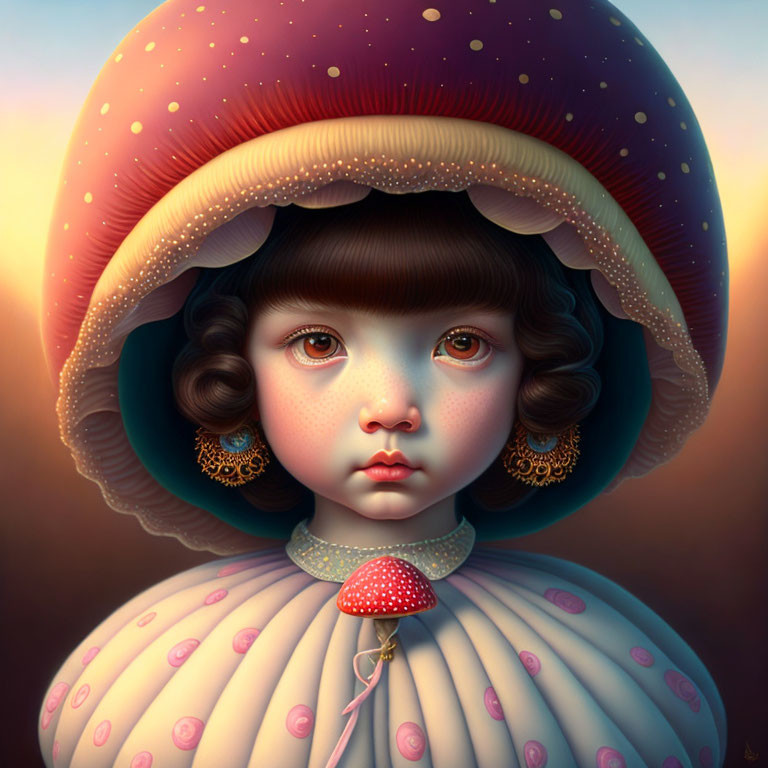 Whimsical girl illustration with expressive eyes and mushroom-themed outfit