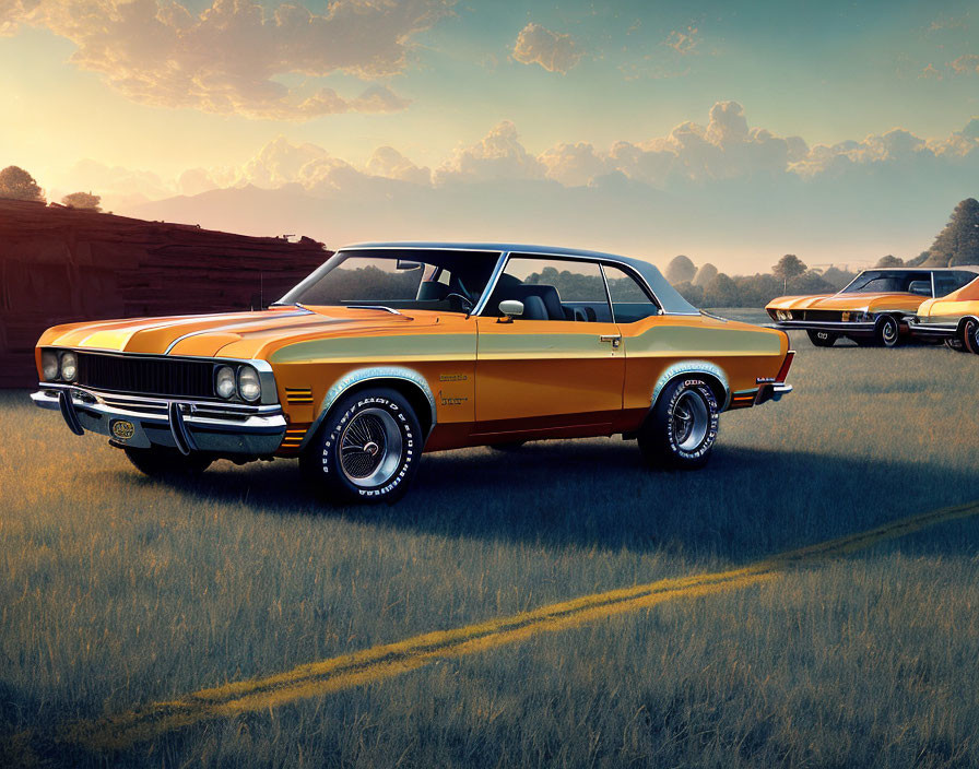 Vintage Orange and Yellow Car with Black Stripes in Grass Field at Sunset