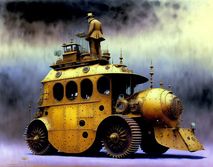 Steampunk submarine with gears and figure in top hat in misty setting