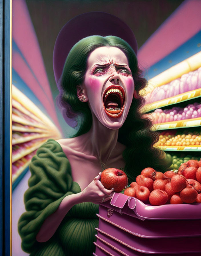 Vibrant surreal portrait of woman screaming with pomegranate