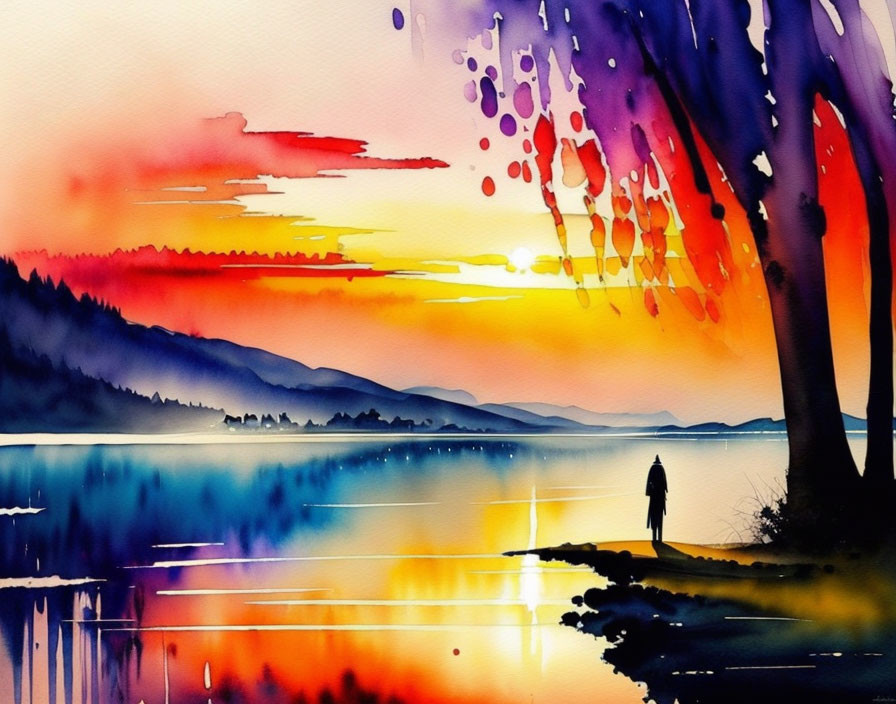 Colorful Watercolor Painting: Person by Lake at Sunset