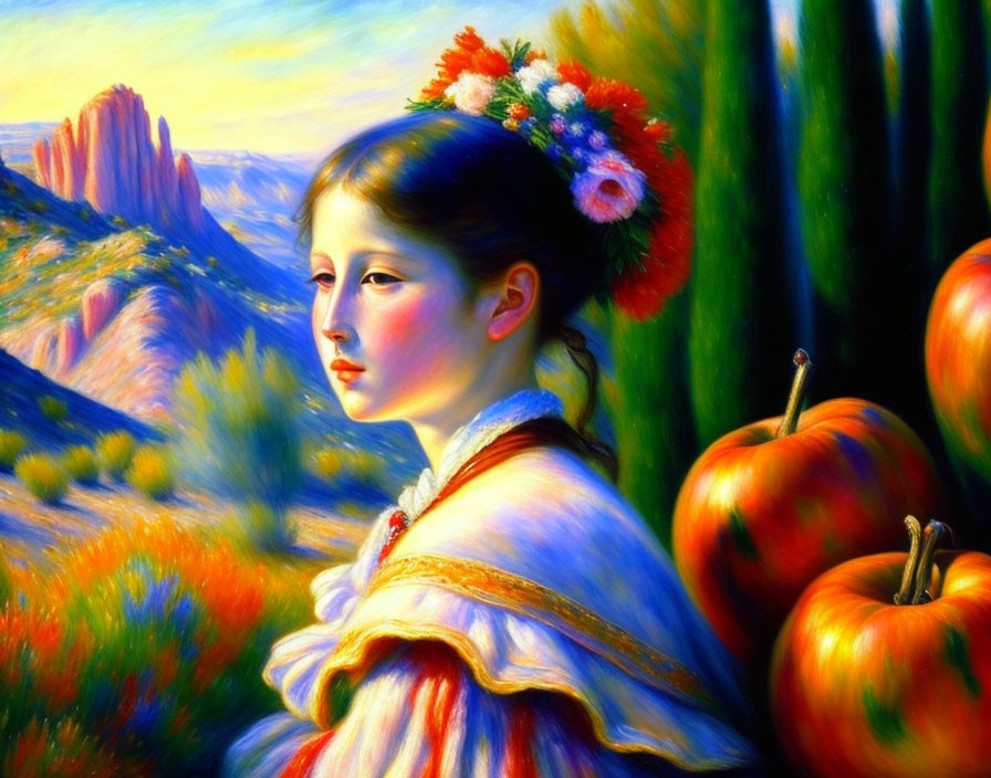 Young girl in traditional outfit with flowers, surrounded by cacti, mountains, and apples