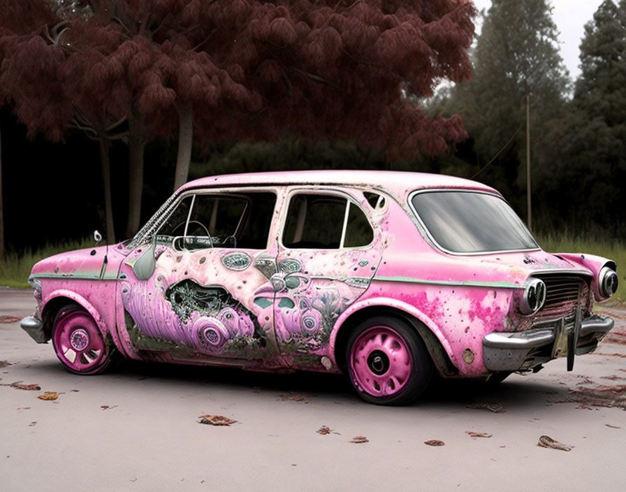 Old Pink Car with Flower and Eye Graffiti on Deserted Road