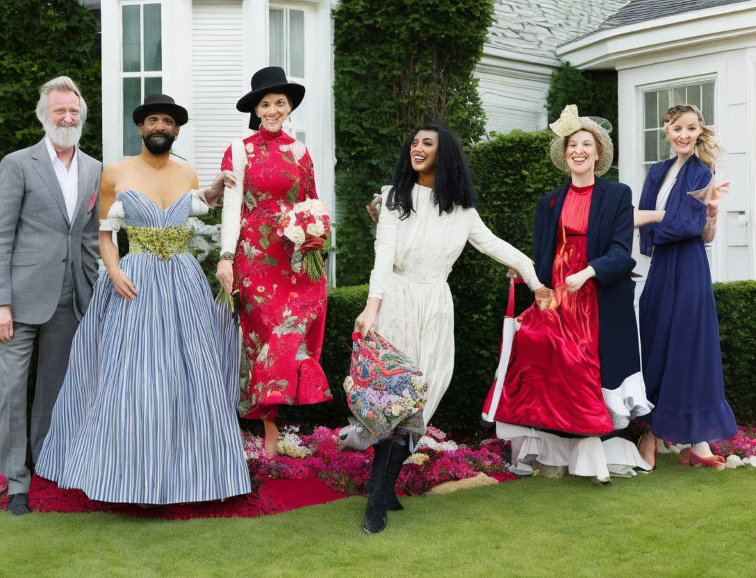 Six individuals in vintage attire posing happily in a lush garden