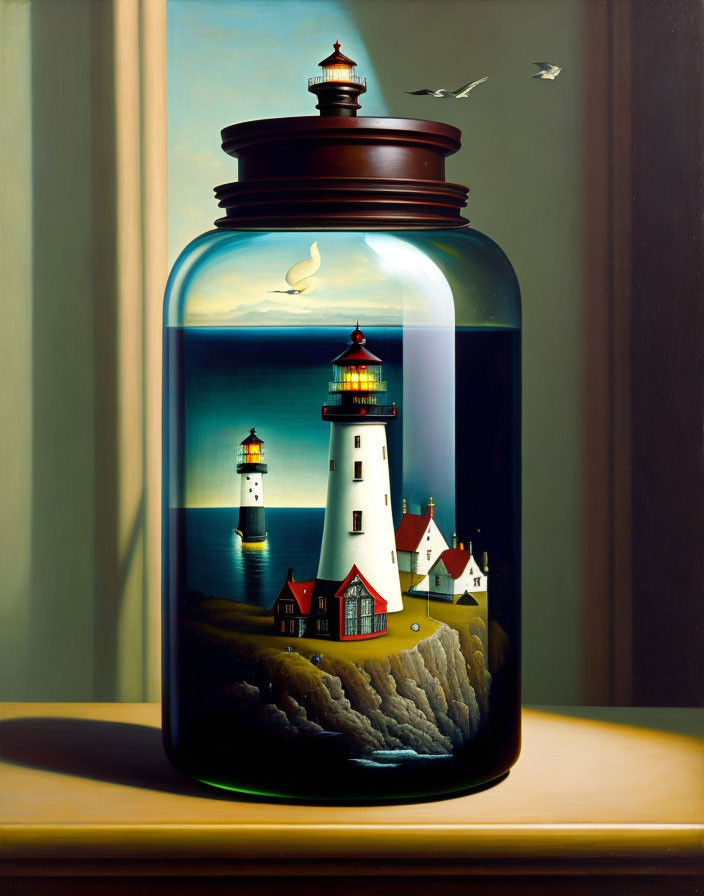 Surreal painting of lighthouse scene in sealed jar on wooden surface