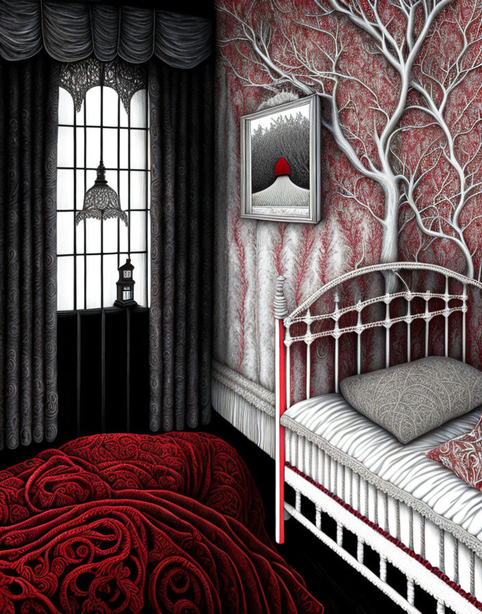 Gothic-style bedroom with white bed, red bedding, barren tree wallpaper, window, and red