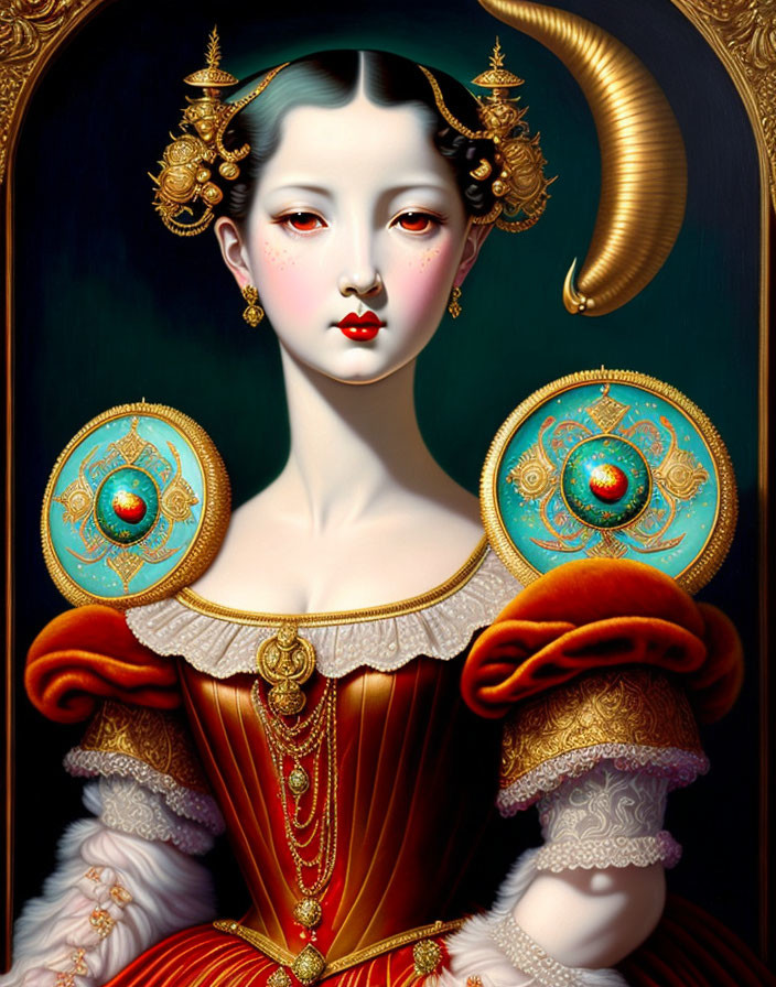 Digital painting of a woman in Renaissance gown with pale skin, red lips