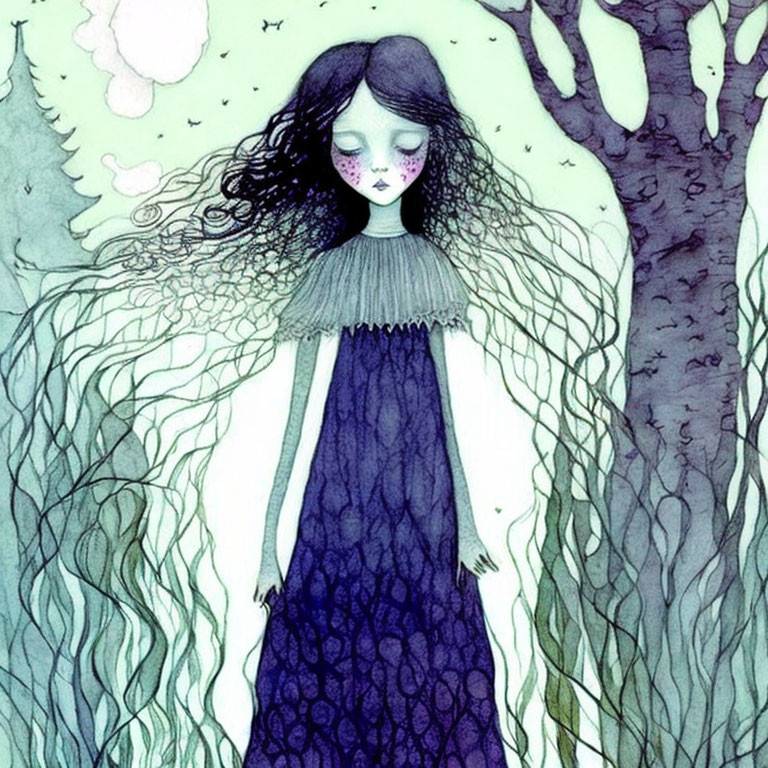 Illustration of a girl in blue dress in mystical forest scene