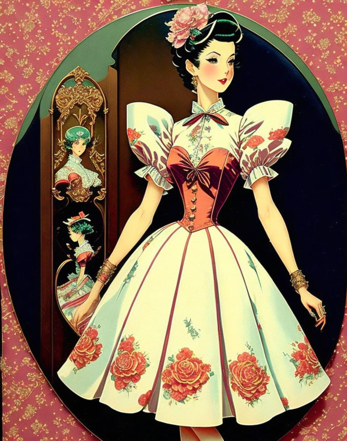 Vintage illustration of woman in wide-skirted dress with floral patterns