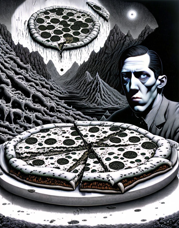 Surreal illustration: Pale man with dark hair by oversized pizza in nightmarish scene