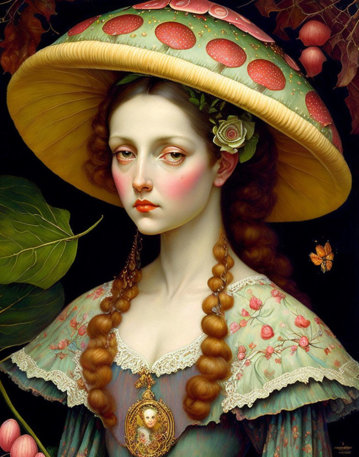 Portrait of woman with pale skin, braided hair, whimsical strawberry hat, flowers, leaves,