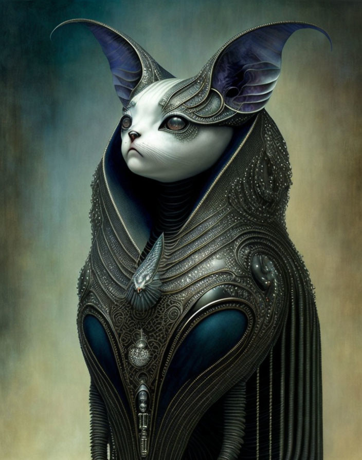 Illustration of humanoid creature with cat-like features in intricate armor on moody background