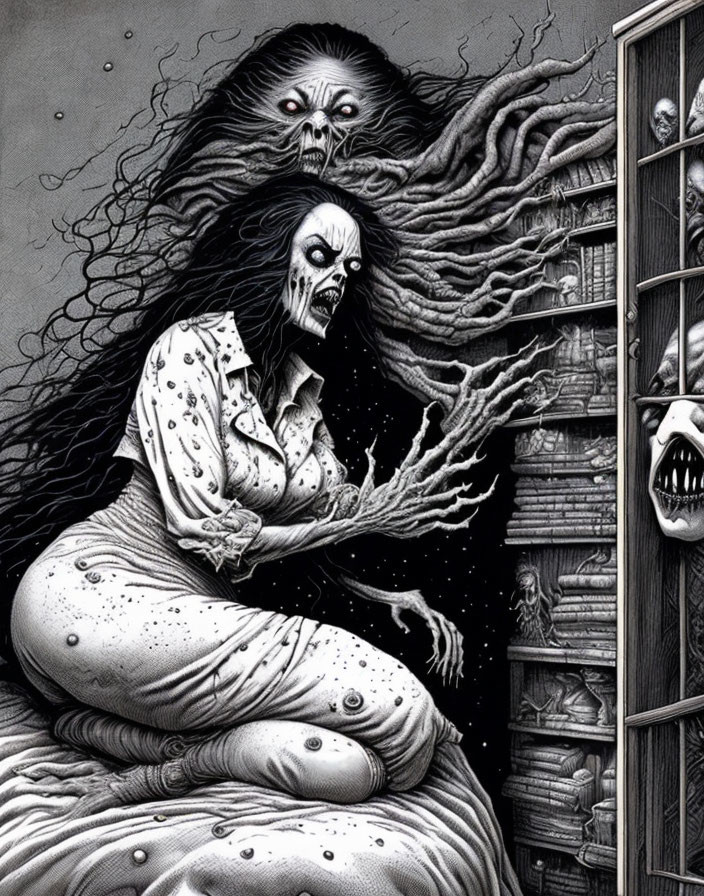 Monochrome illustration of menacing spectral entities in cluttered room