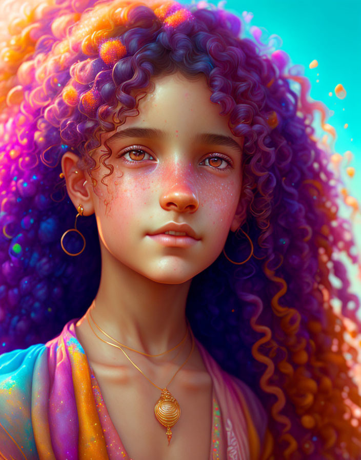 Colorful Curly-Haired Girl with Freckles and Striking Eyes in Digital Art