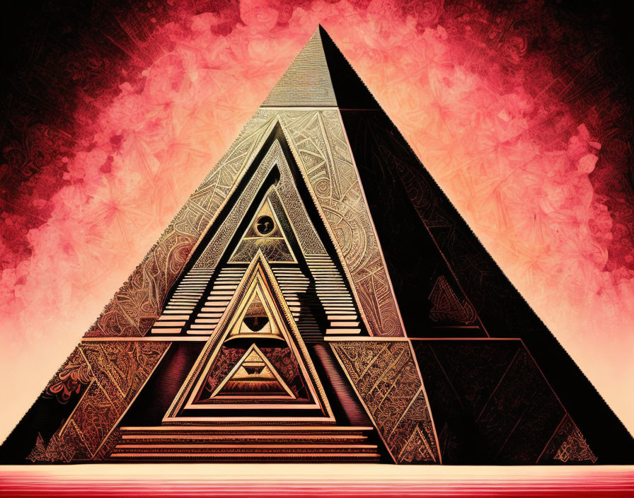 Intricate pyramid with eye symbol on red and black background