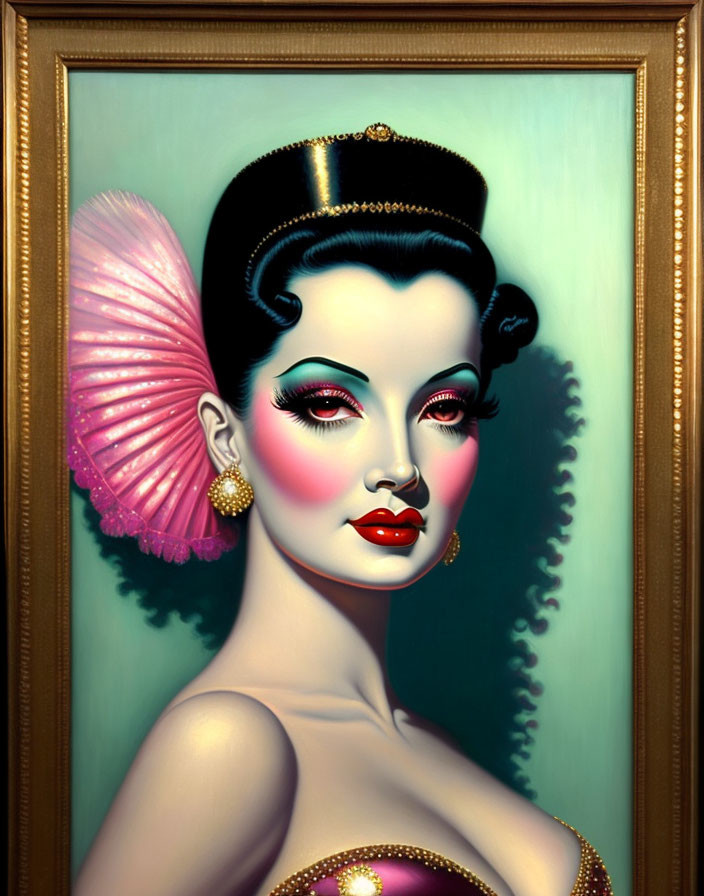 Stylized portrait of a woman with vintage look and pink hair accessory in ornate gold frame