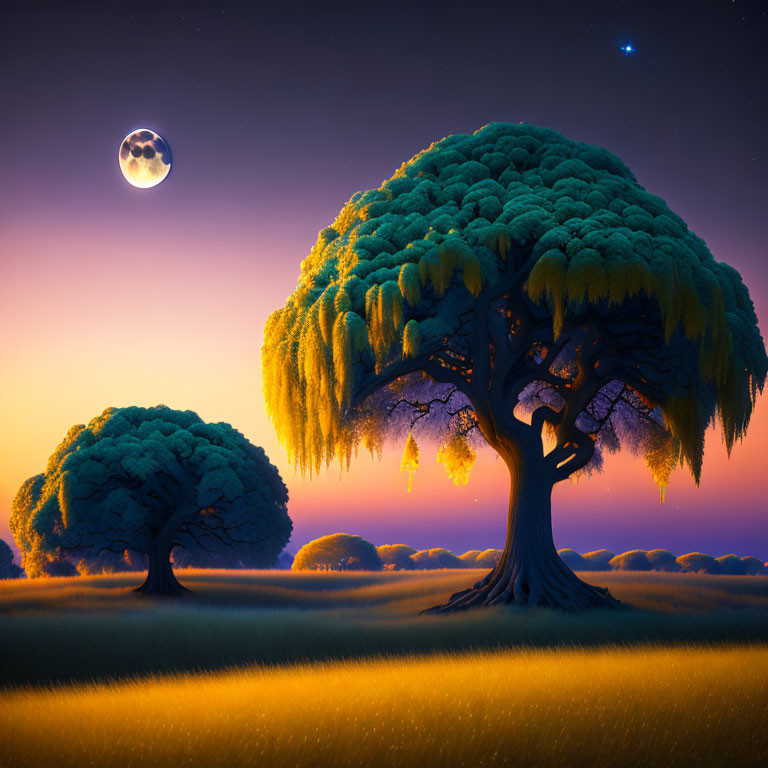 Nighttime scene with magical glowing tree in starlit field