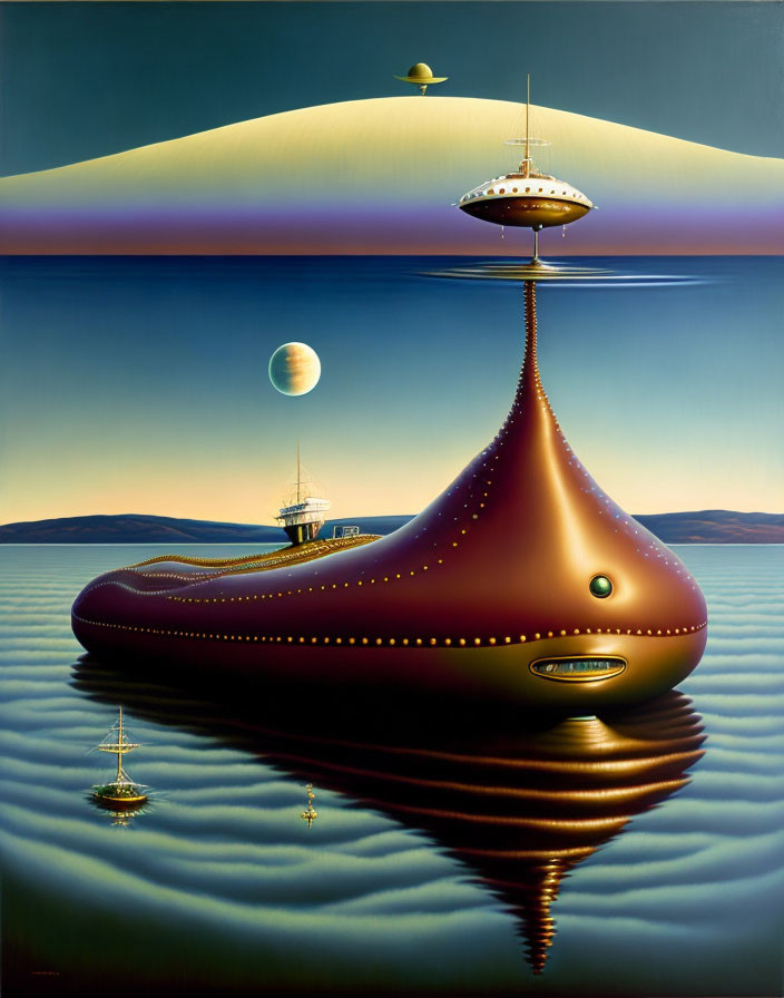 Surreal futuristic vessel on water with UFO and planets in twilight sky