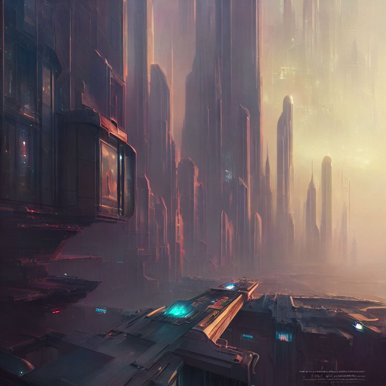 Futuristic cityscape with towering skyscrapers and flying vehicles in warm dusk light