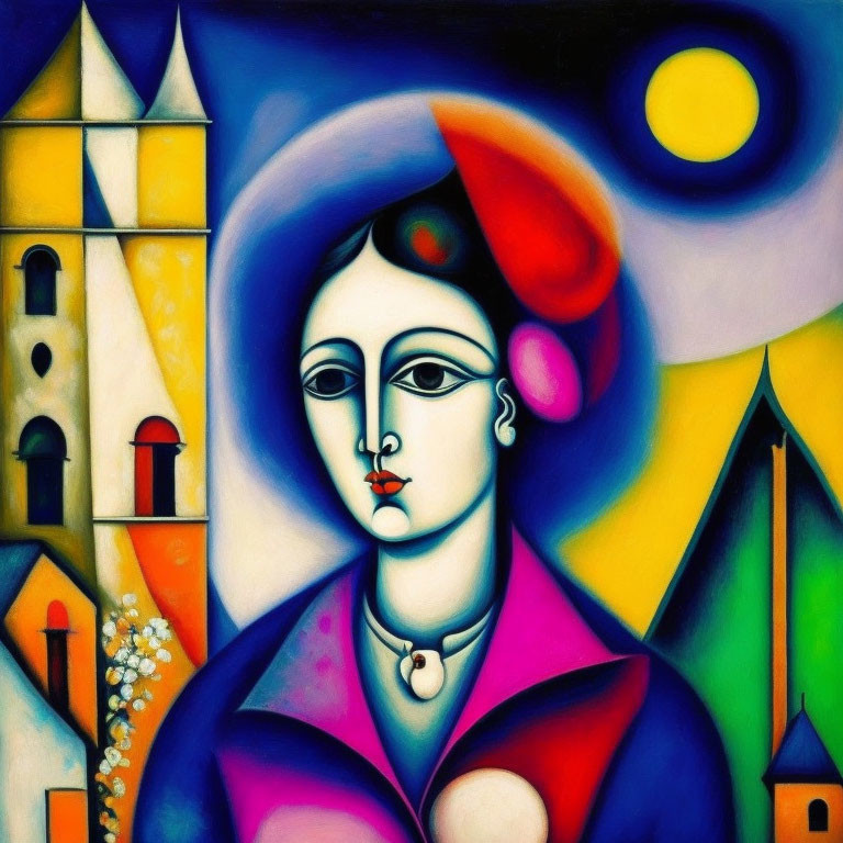 Vibrant Cubist Woman Portrait with Abstract Architecture and Sun