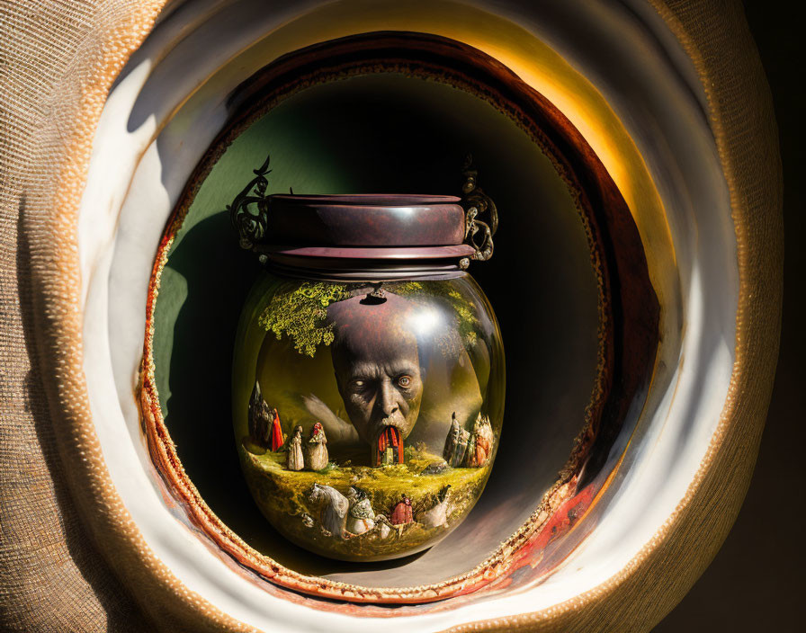 Surreal art: Pot with human face in pastoral scenes with concentric earth-toned frames