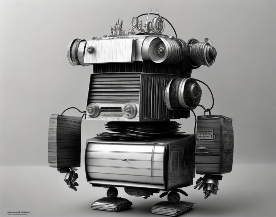 Monochrome whimsical robot illustration with vintage household items