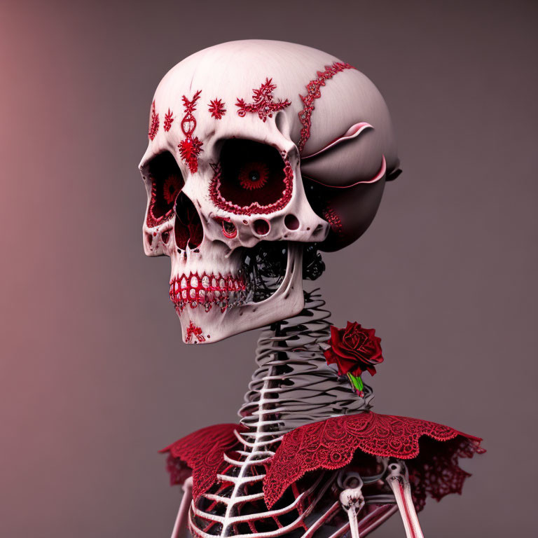 Ornate skeleton with red floral skull and lace-adorned spine