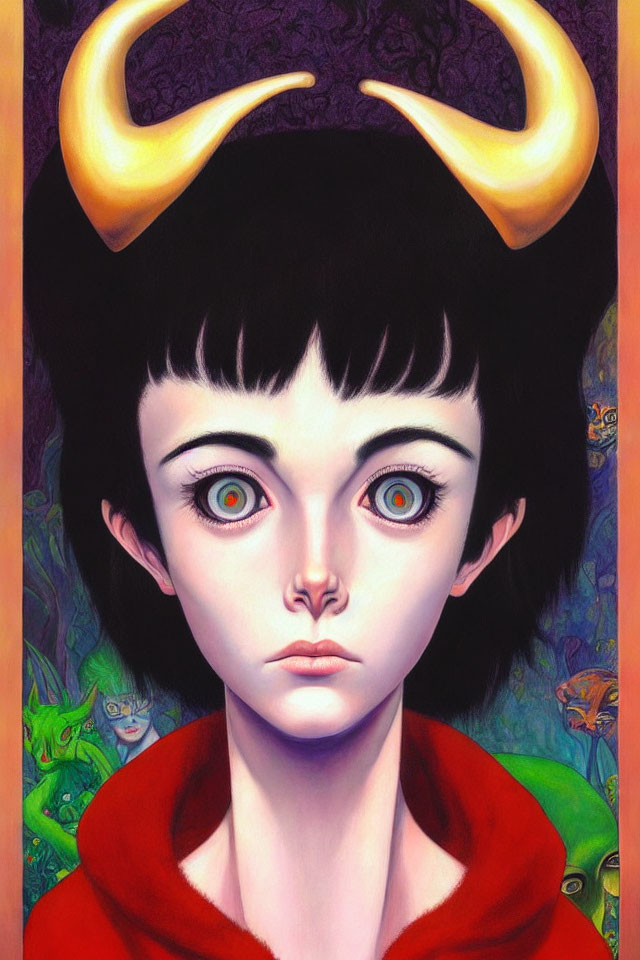 Surreal portrait of girl with large eyes in red hoodie and golden horns