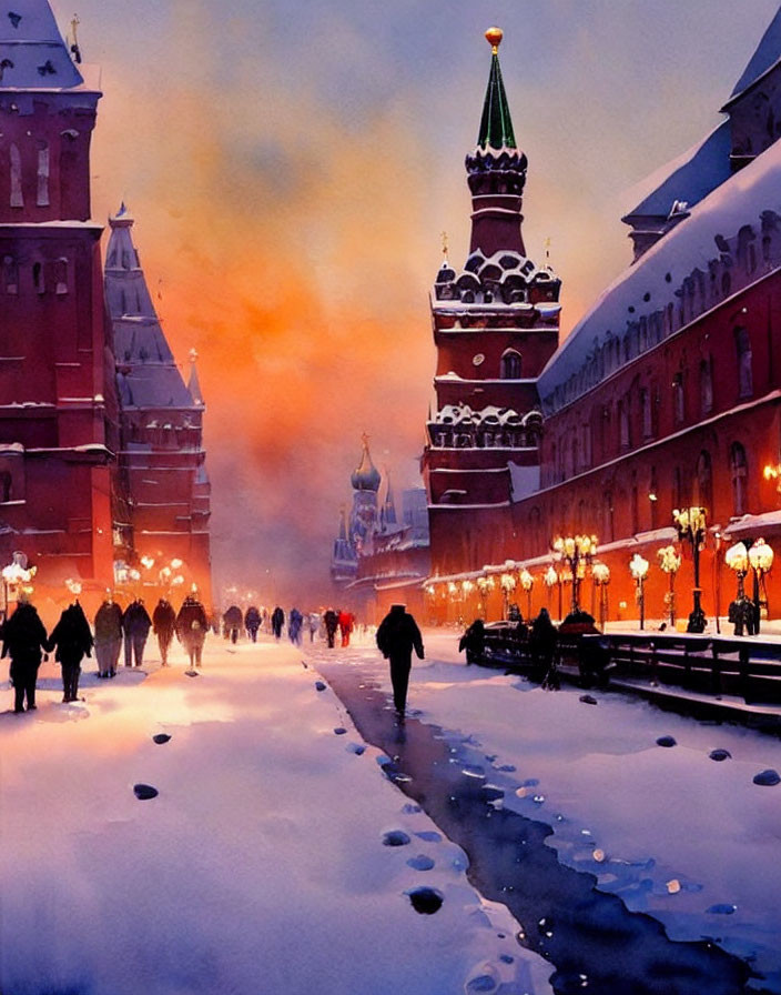 Colorful Watercolor Painting of People Near Illuminated Kremlin Towers