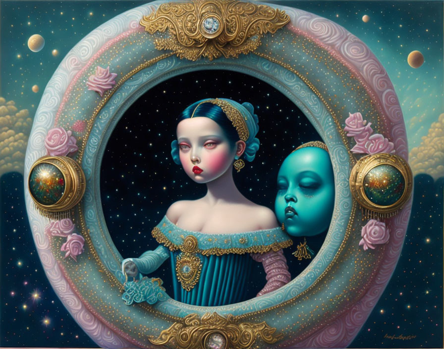 Surrealist humanoid figures in ornate oval frame with dreamy starry backdrop