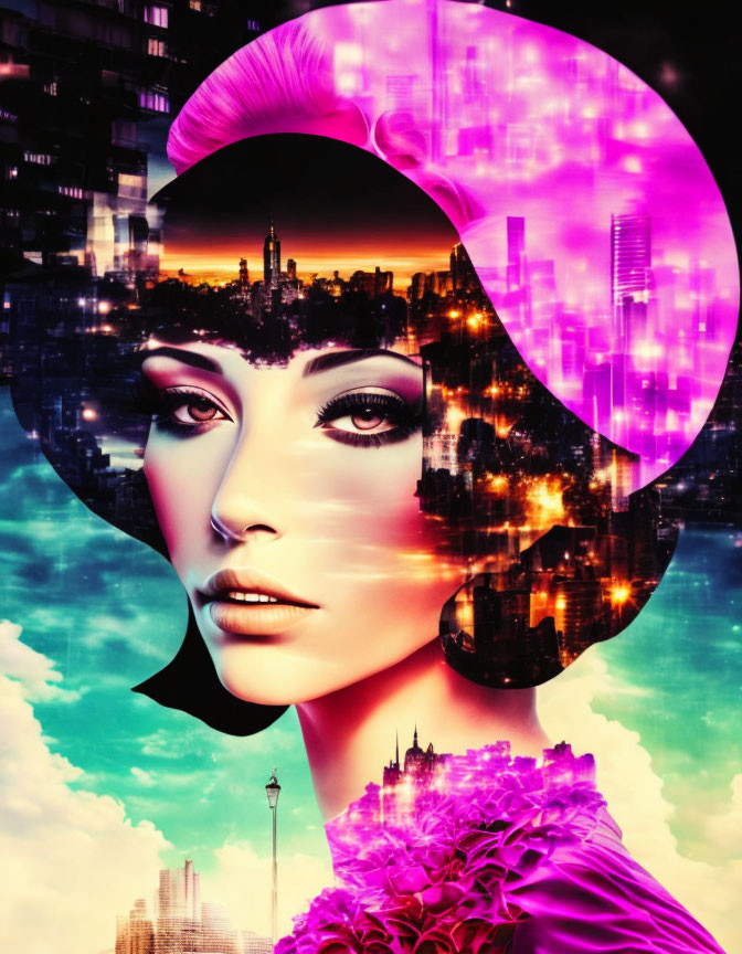 Vibrant cityscape blending with woman's face in surreal art