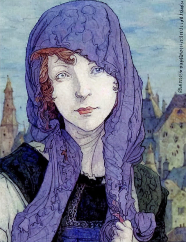 Woman with Curly Hair in Purple Cloak Contemplating Medieval Buildings