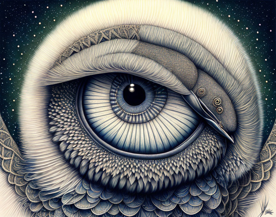 Detailed human eye illustration against starry night sky.