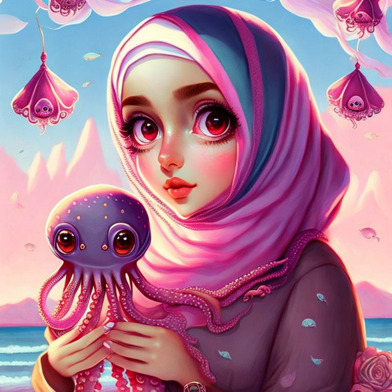 Girl in hijab holding octopus plush in whimsical sea scene