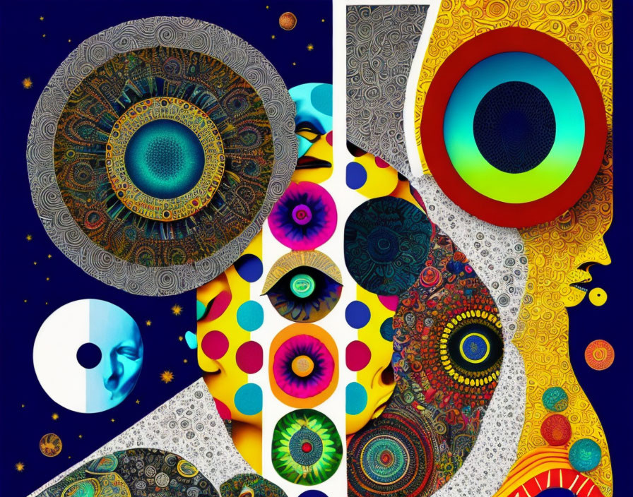 Colorful Abstract Digital Artwork with Mandala Designs and Face Silhouettes