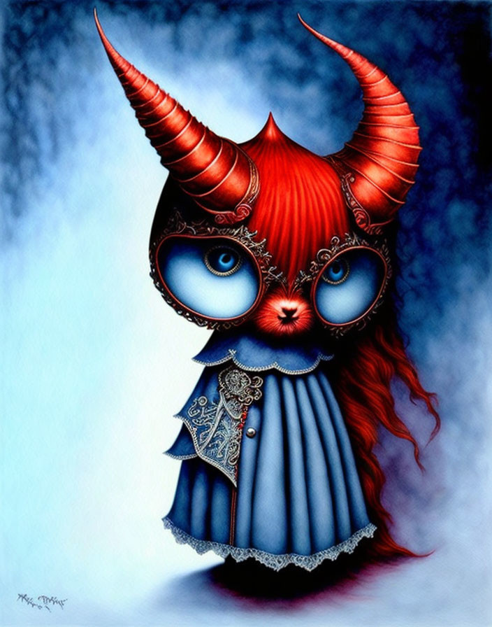 Whimsical creature illustration with red hair, blue eyes, horns, glasses, and blue pleated