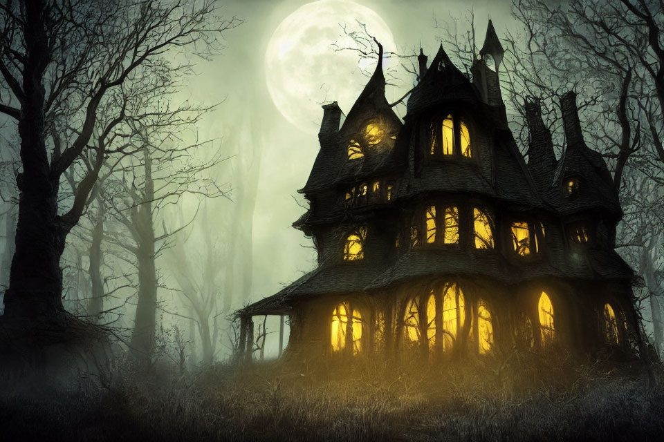 Spooky Victorian house with glowing windows in misty forest