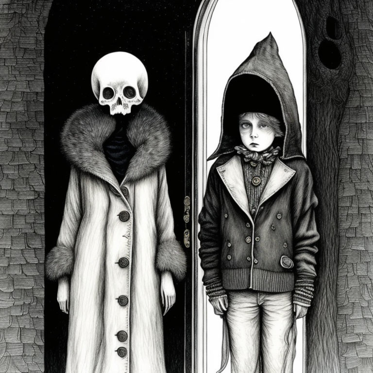 Illustration of person with skull head beside child in hooded jacket, symbolizing life and death contrast