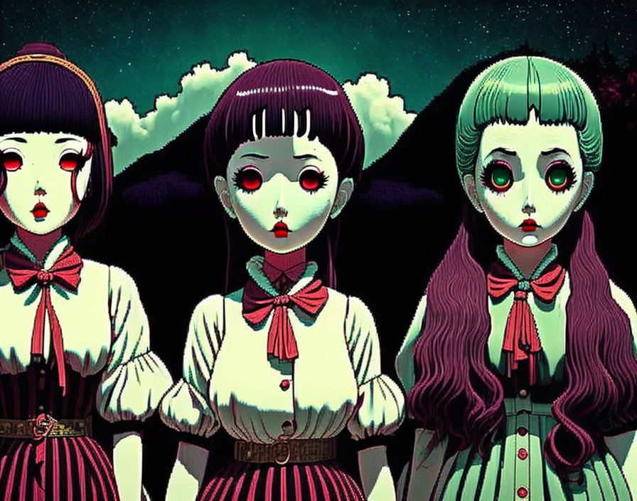 Three spooky animated girls with large eyes in night sky.