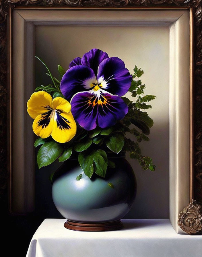 Vibrant purple and yellow pansies in glossy vase with ornate brown frame