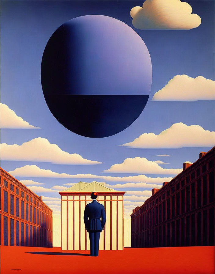 Surrealist painting with man in suit, floating sphere, and classical colonnades