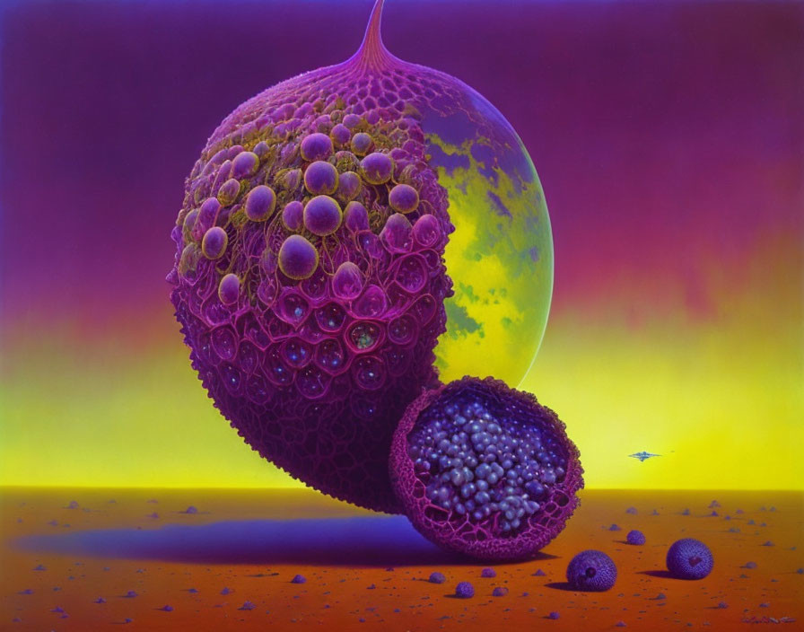 Surreal artwork: Large purple fruit-like structure with bubbles near green planet in purple and yellow sky