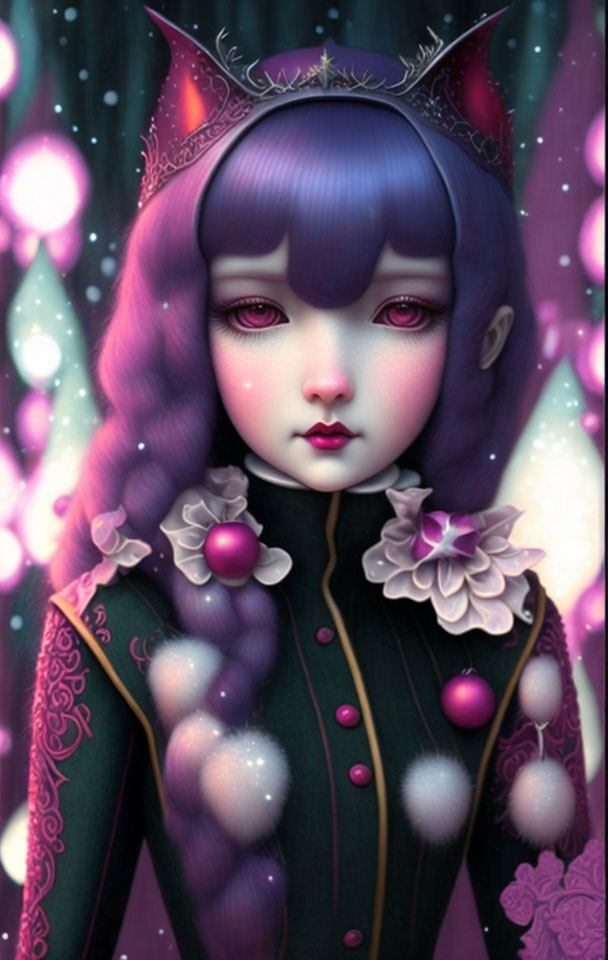 Whimsical character with purple hair in dark green outfit, set in magical pink bokeh.