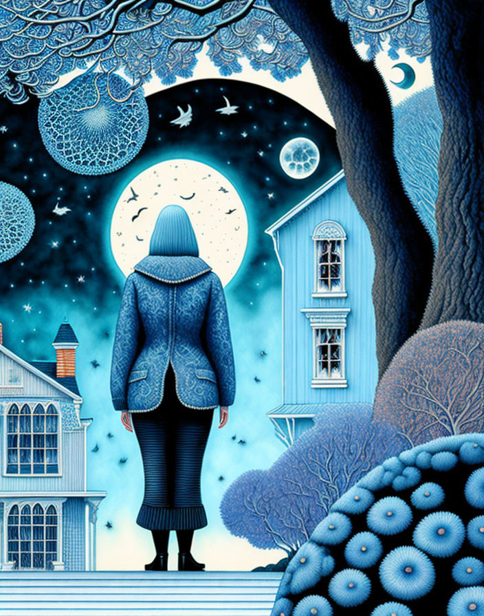 Person in Blue Coat Observing Whimsical Night Sky with Stars, Planets, and House