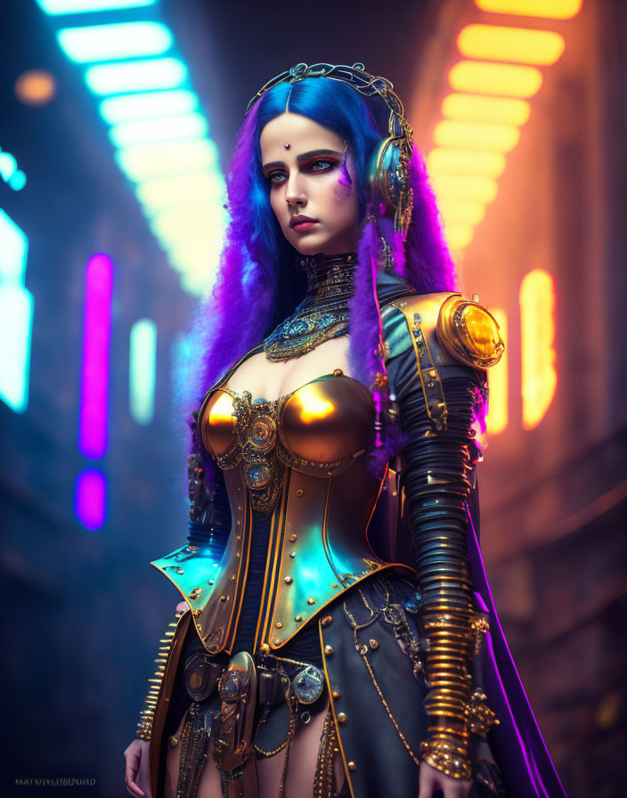 Futuristic armored woman with gold accents and blue hair in urban setting